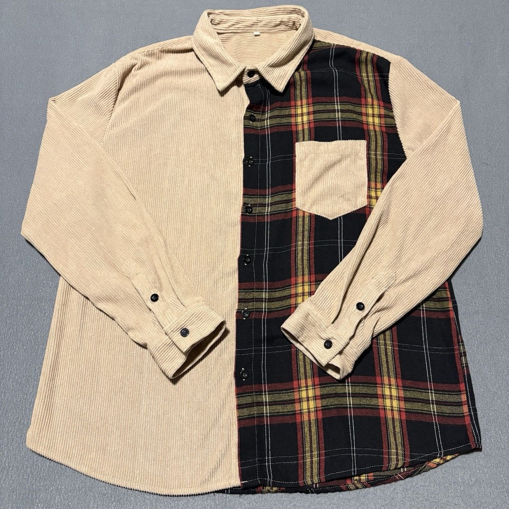 Mens Corduroy Shirt XXL Khaki Long Sleeve Button Up Flannel Plaid Shacket - Picture 1 of 14